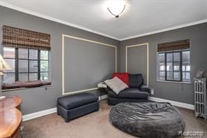 living area with carpet flooring and ornamental molding