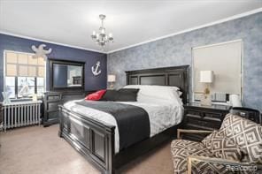 bedroom featuring light carpet, crown molding, radiator, and a chandelier