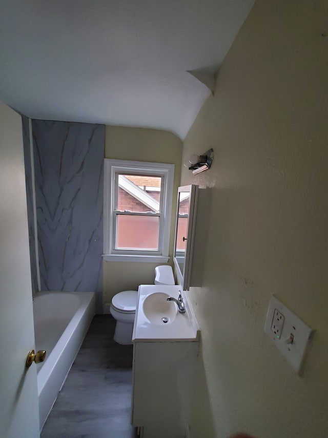 bathroom featuring a washtub, vanity, and toilet