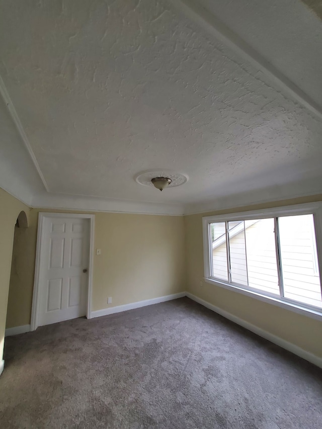 carpeted empty room with a textured ceiling