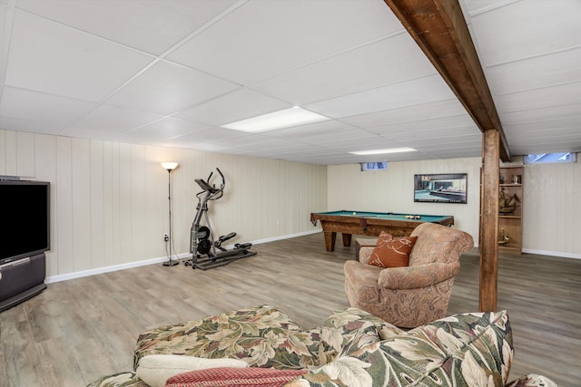 playroom with hardwood / wood-style floors, a paneled ceiling, and billiards