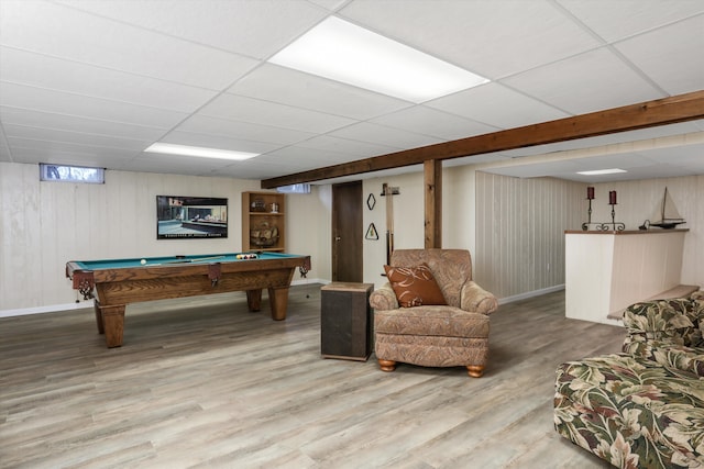 game room featuring a drop ceiling, wood-type flooring, and billiards