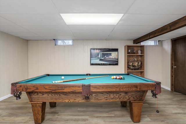 playroom featuring a paneled ceiling, light hardwood / wood-style floors, and billiards