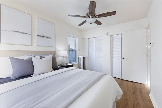 bedroom featuring ceiling fan and dark hardwood / wood-style flooring