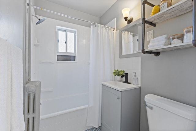 full bathroom with shower / bathtub combination with curtain, radiator heating unit, vanity, and toilet