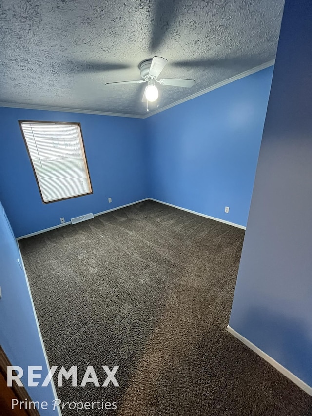 unfurnished room with crown molding, a textured ceiling, ceiling fan, and carpet flooring