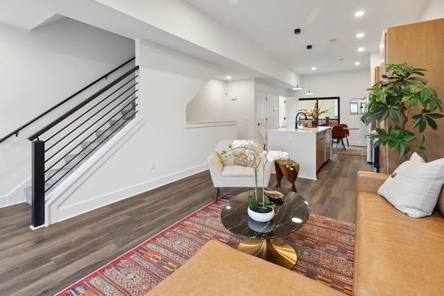 living room featuring dark hardwood / wood-style flooring and sink