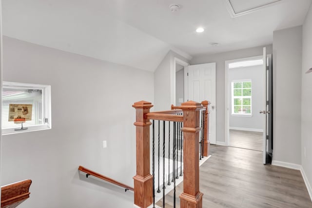 hallway featuring light hardwood / wood-style floors and lofted ceiling