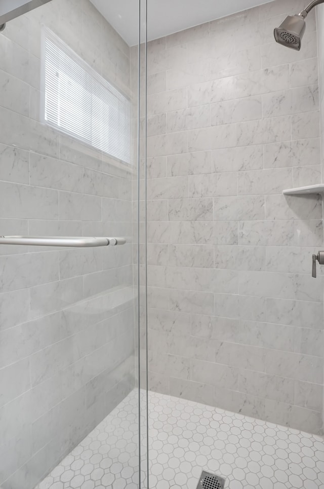 bathroom featuring a shower with shower door