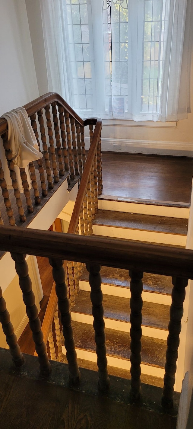 staircase with hardwood / wood-style flooring