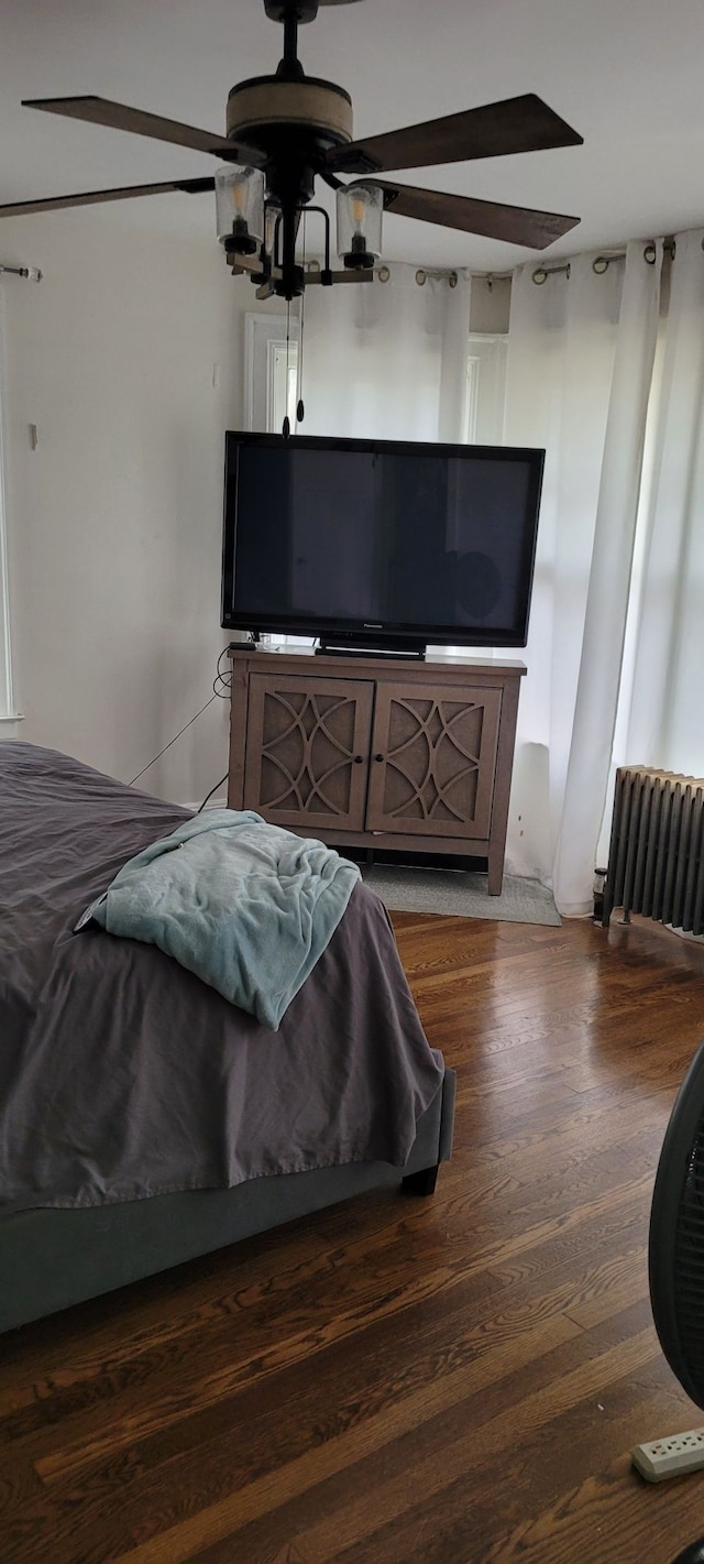 bedroom featuring hardwood / wood-style floors, ceiling fan, and radiator