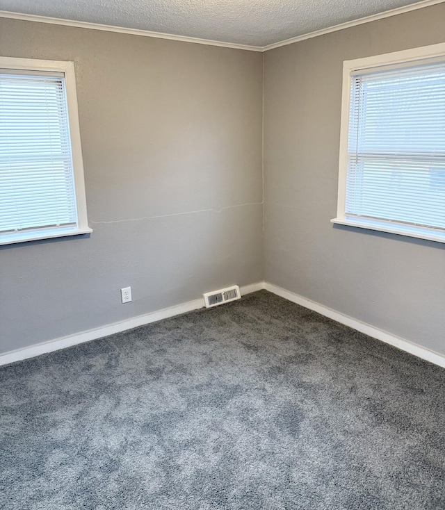 carpeted spare room featuring a textured ceiling and ornamental molding