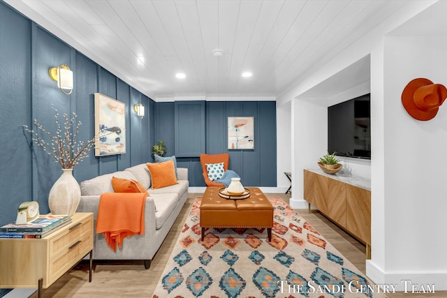 living room featuring wood ceiling and light wood-type flooring