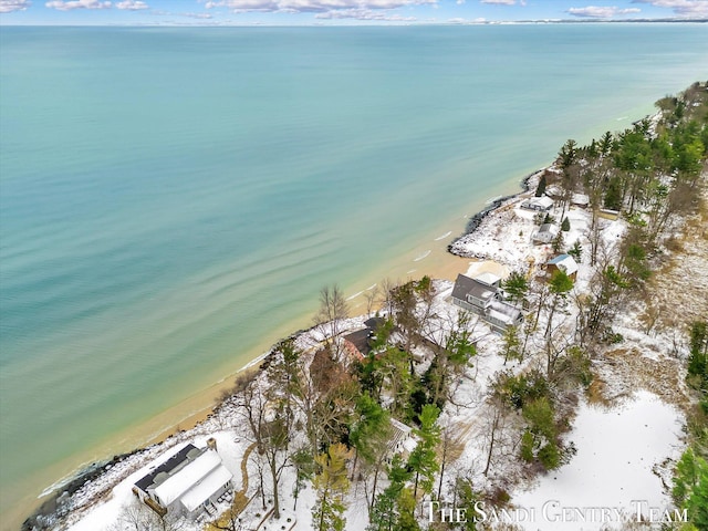 aerial view featuring a water view and a view of the beach