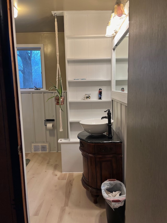 bathroom with vanity and wood-type flooring