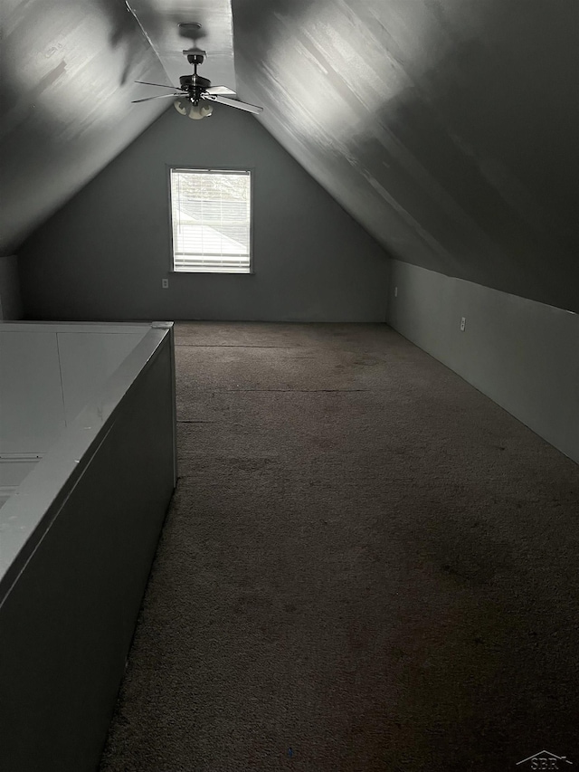 additional living space featuring light colored carpet, vaulted ceiling, and ceiling fan