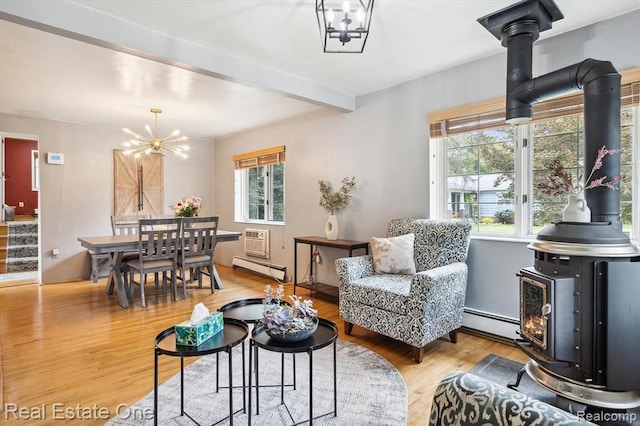 living room featuring hardwood / wood-style floors, a wood stove, and a wealth of natural light