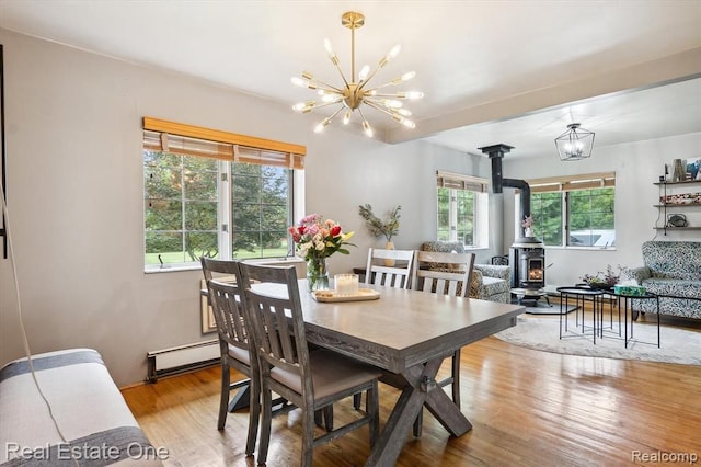 dining space featuring baseboard heating, a wood stove, a wealth of natural light, and light hardwood / wood-style floors