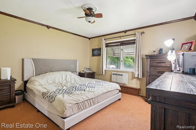 carpeted bedroom with a wall unit AC, ceiling fan, and crown molding