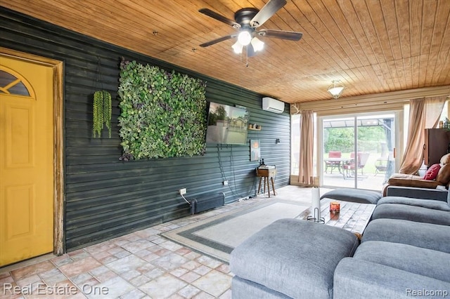 living room with wood walls and wood ceiling