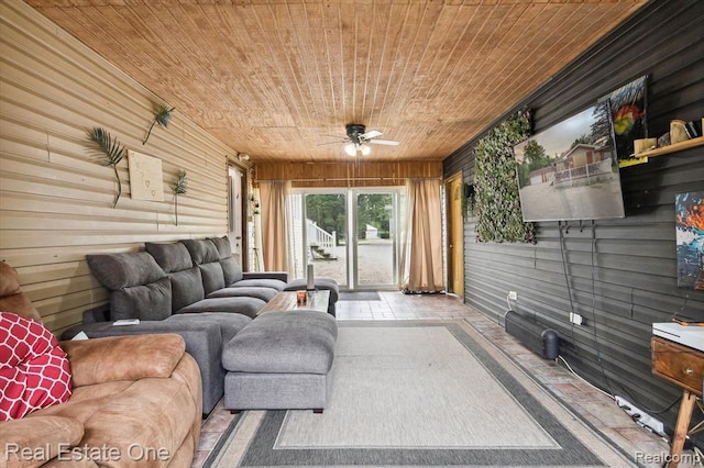 living room featuring wooden walls, ceiling fan, and wooden ceiling