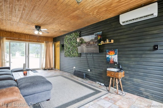 interior space featuring a wall mounted air conditioner, ceiling fan, and wooden ceiling