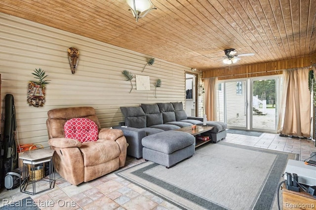 living room featuring ceiling fan, wooden ceiling, and wooden walls