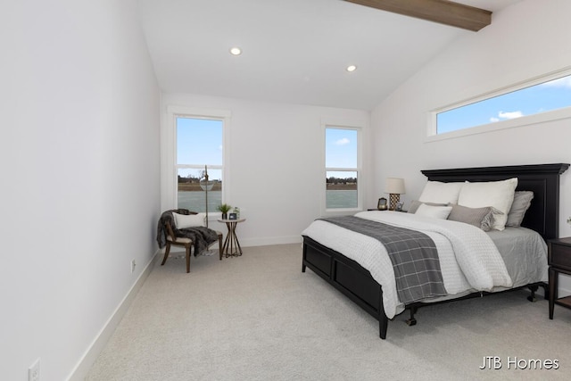 carpeted bedroom featuring lofted ceiling with beams, recessed lighting, and baseboards