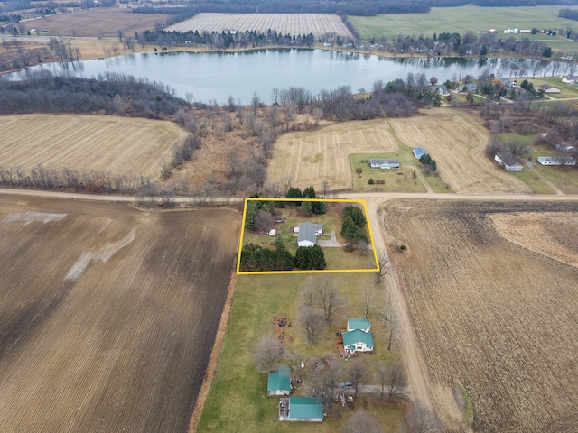 aerial view featuring a water view and a rural view