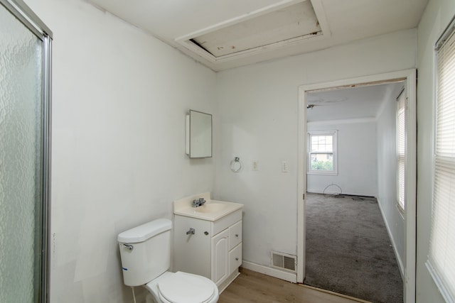 bathroom featuring hardwood / wood-style flooring, vanity, and toilet