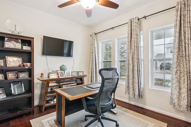 home office with ceiling fan and dark hardwood / wood-style flooring