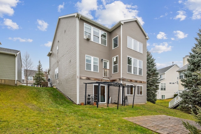 back of house with a lawn, cooling unit, and a patio area