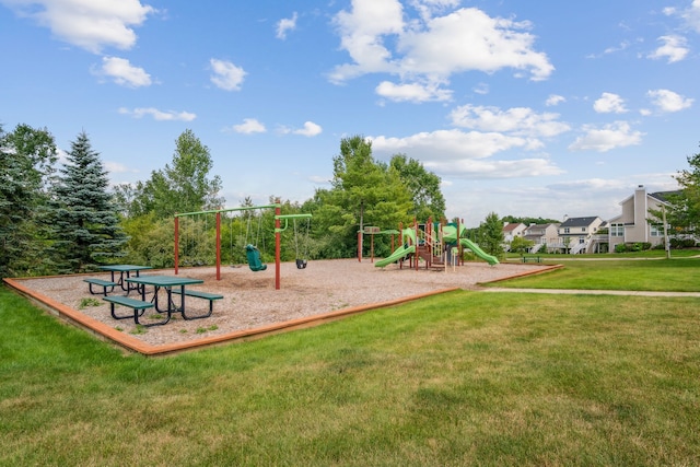 view of jungle gym with a lawn