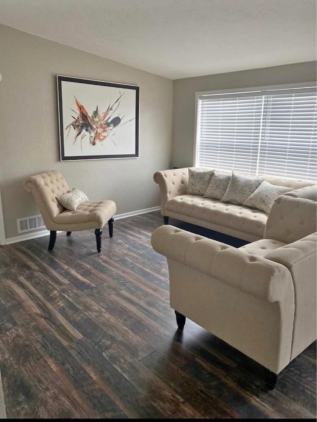 living room featuring dark wood-type flooring