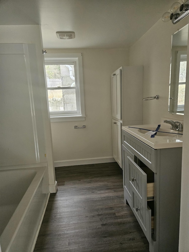 bathroom with hardwood / wood-style floors, vanity, and a washtub