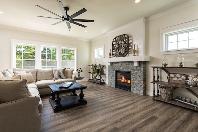 living room with a healthy amount of sunlight, wood finished floors, and ornamental molding