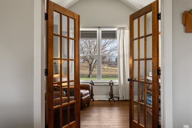 doorway to outside featuring dark hardwood / wood-style floors and lofted ceiling