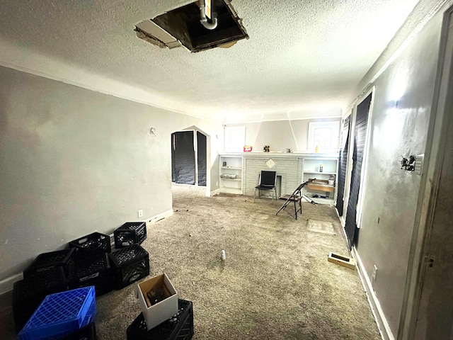 living room with carpet and a textured ceiling