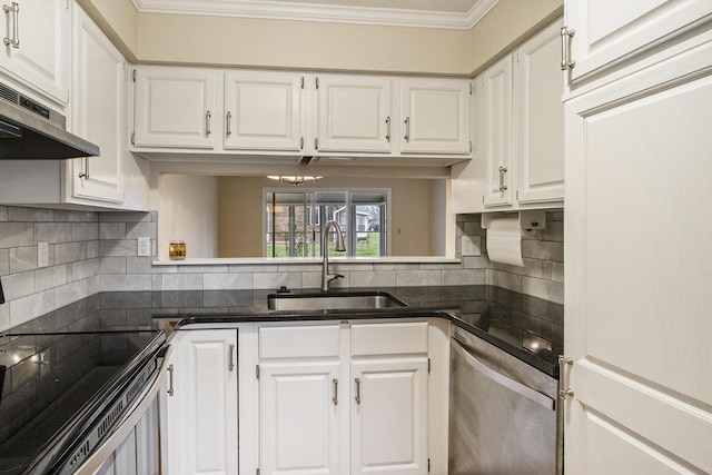 kitchen with tasteful backsplash, white cabinetry, stainless steel dishwasher, and sink