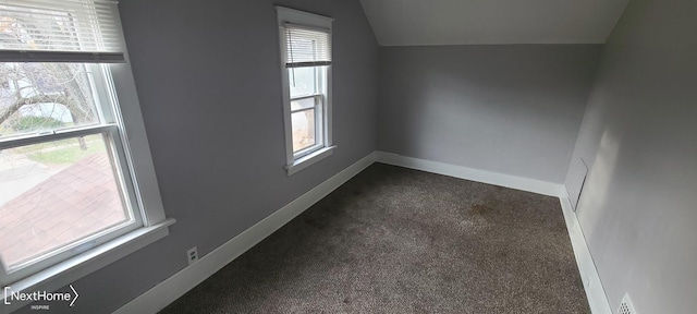 additional living space featuring dark colored carpet and lofted ceiling