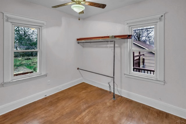 spacious closet with ceiling fan and wood-type flooring