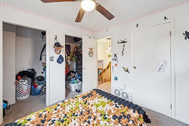 bedroom featuring ceiling fan, carpet floors, and a closet