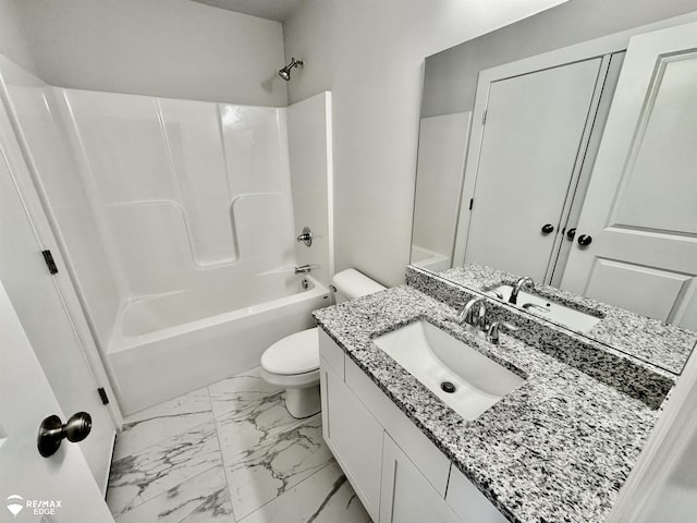 full bathroom with vanity, washtub / shower combination, and toilet