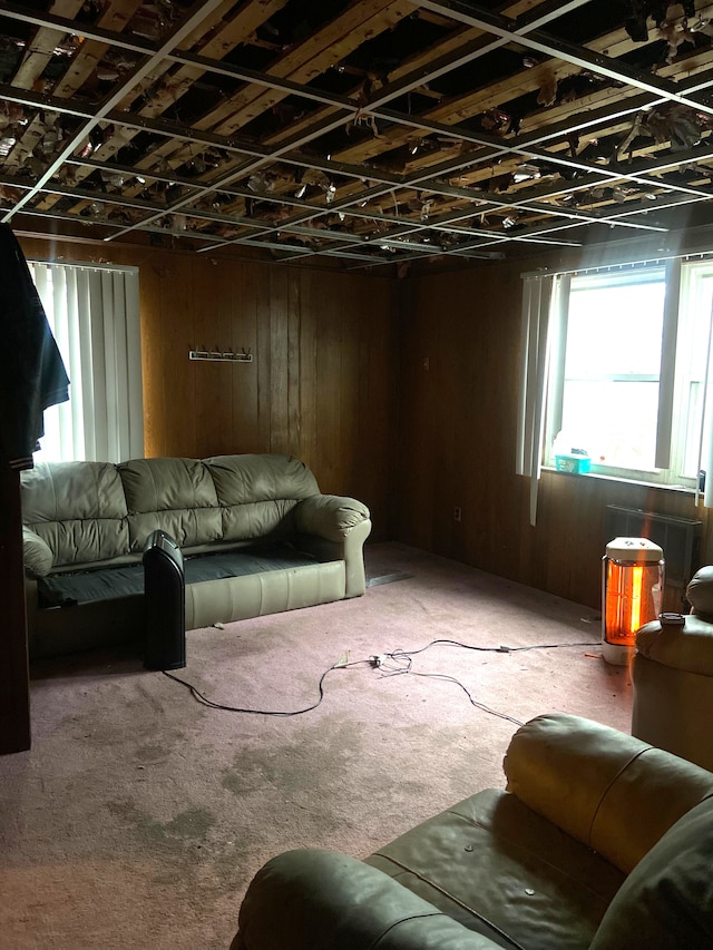 living room featuring wood walls