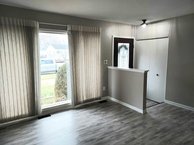 empty room with dark hardwood / wood-style flooring and a healthy amount of sunlight