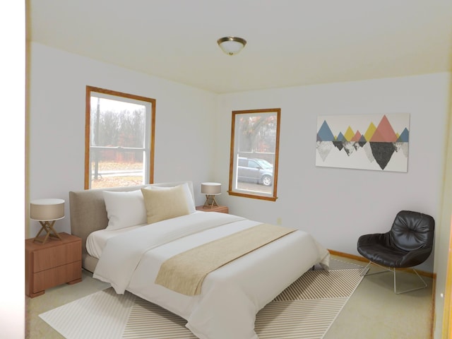 bedroom featuring light carpet