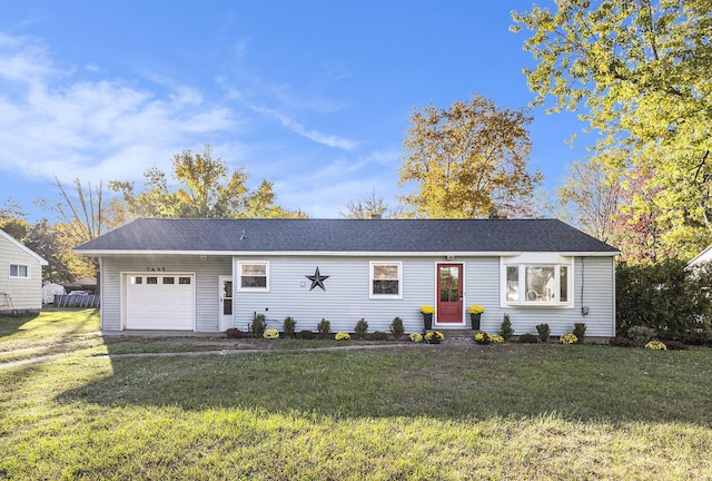 single story home with a garage and a front yard