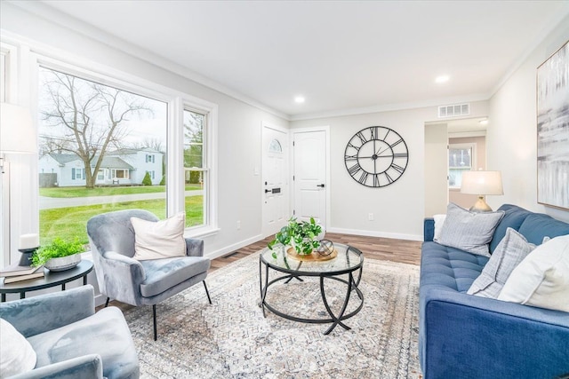 living room featuring hardwood / wood-style floors and ornamental molding