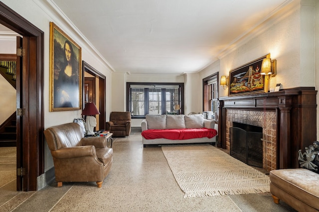 living room with ornamental molding