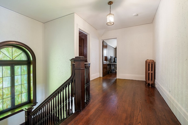 hall featuring dark wood-type flooring, radiator, and vaulted ceiling